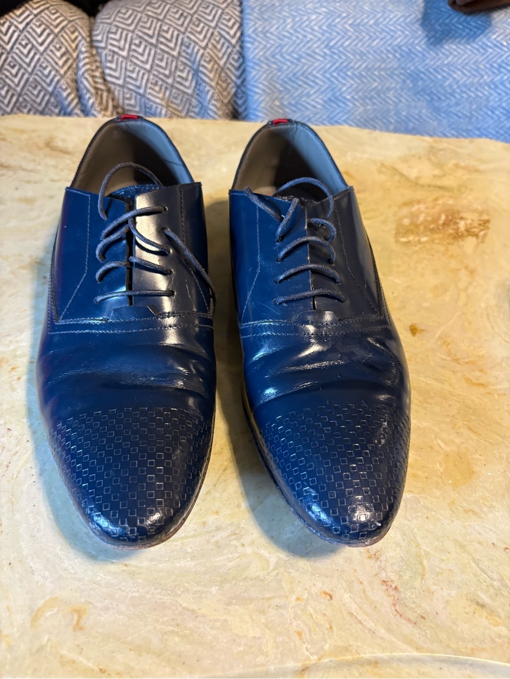 Hugo Boss Navy Leather Derby Shoes with Textured Toe
